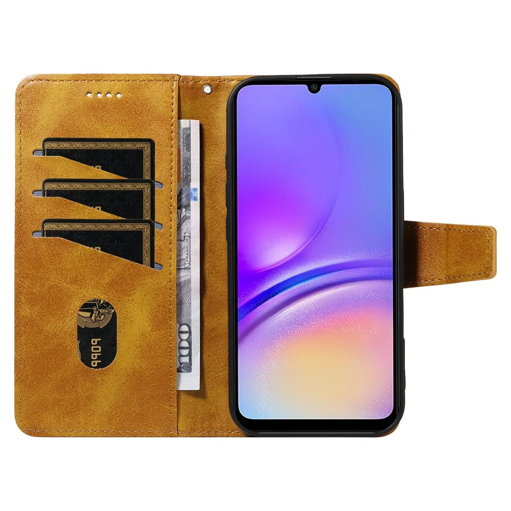 For Samsung Galaxy A08 5G / A08 4G / A07 4G / A06 4G / A06 5G Leather Case Wallet Stand Grids Imprinted Phone Cover with Strap - Yellow - 2