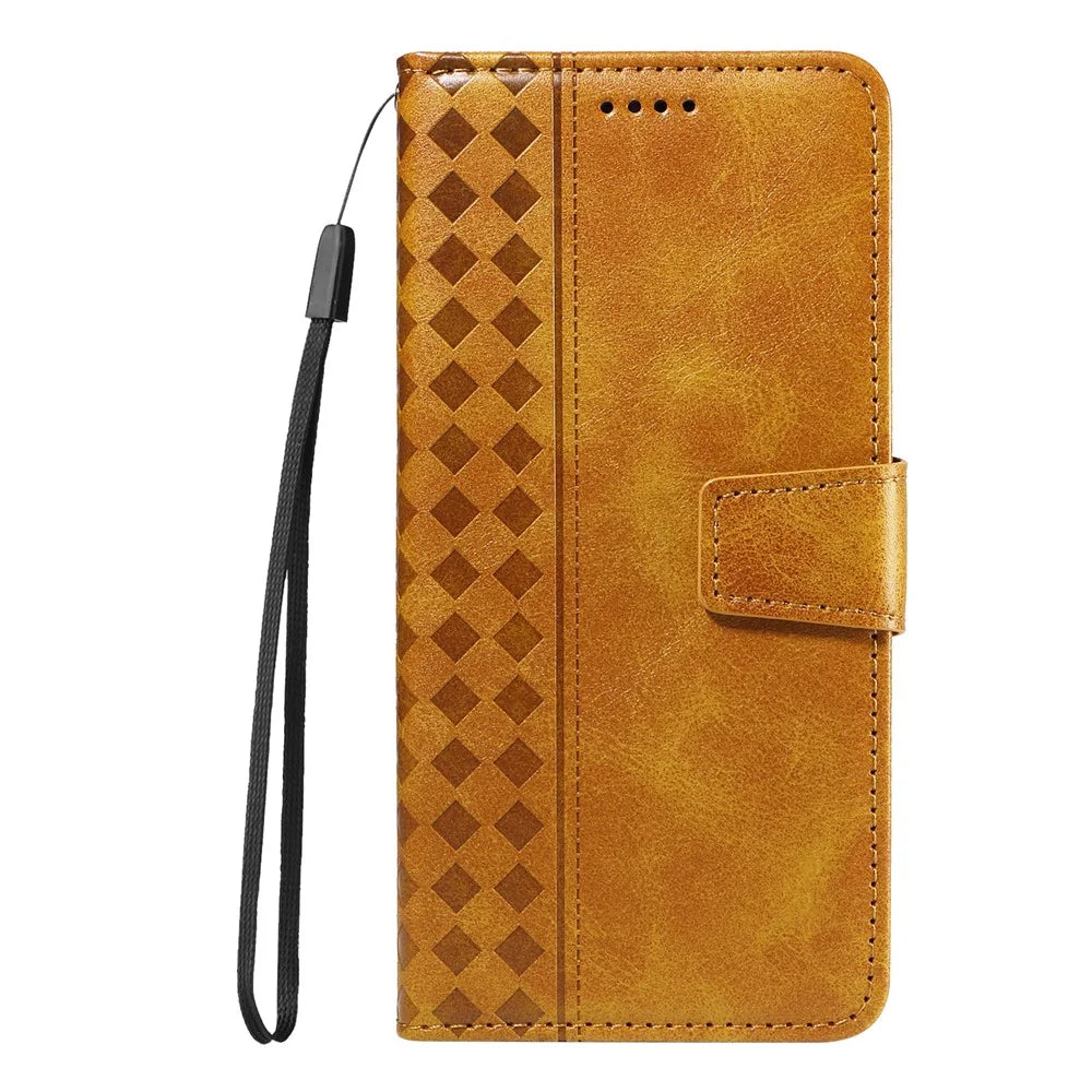 For Samsung Galaxy A08 5G / A08 4G / A07 4G / A06 4G / A06 5G Leather Case Wallet Stand Grids Imprinted Phone Cover with Strap - Yellow - 6