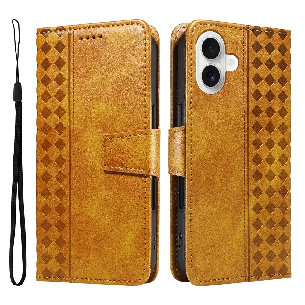 For iPhone 16 Plus Leather Case Wallet Stand Grids Imprinted Phone Cover with Strap - Yellow - 1