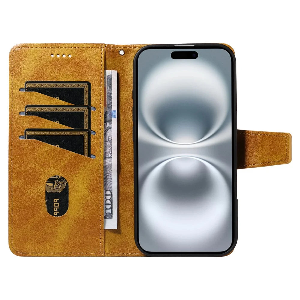 For iPhone 16 Plus Leather Case Wallet Stand Grids Imprinted Phone Cover with Strap - Yellow - 2