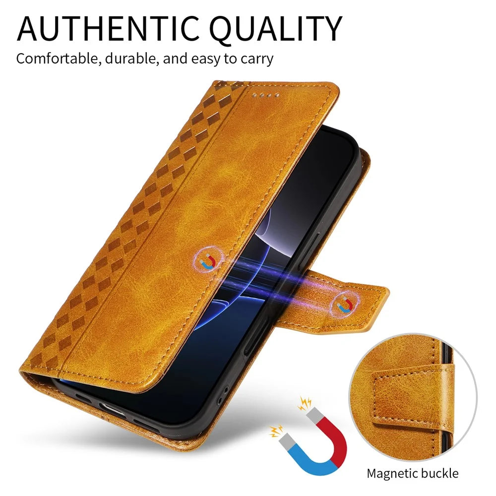 For iPhone 16 Plus Leather Case Wallet Stand Grids Imprinted Phone Cover with Strap - Yellow - 5