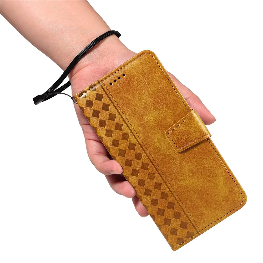 For iPhone 16 Plus Leather Case Wallet Stand Grids Imprinted Phone Cover with Strap - Yellow - 6