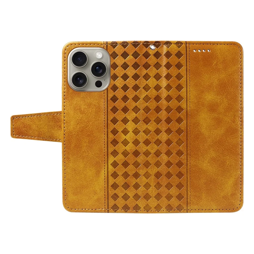 For iPhone 15 Pro Max Leather Case Wallet Stand Grids Imprinted Phone Cover with Strap - Yellow - 3