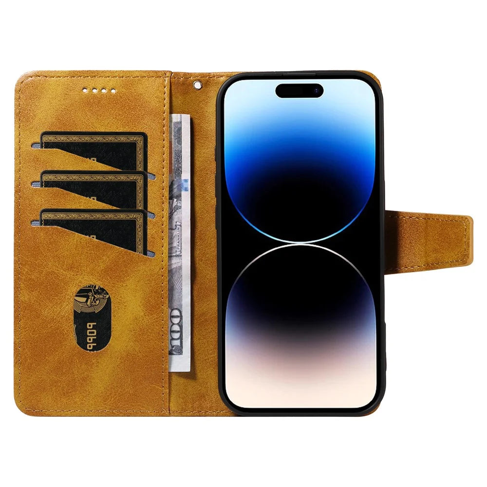 For iPhone 14 Pro Leather Case Wallet Stand Grids Imprinted Phone Cover with Strap - Yellow - 2