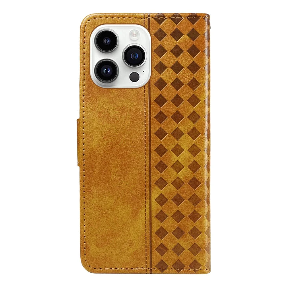 For iPhone 14 Pro Leather Case Wallet Stand Grids Imprinted Phone Cover with Strap - Yellow - 6