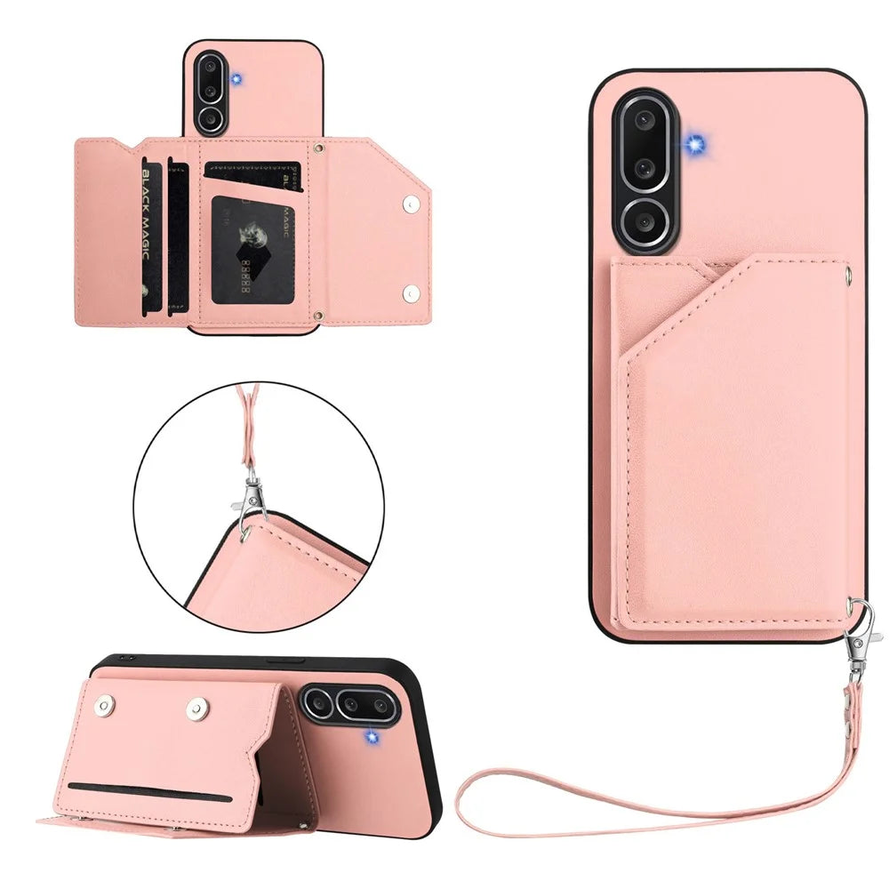 For Samsung Galaxy M56 5G Case Card Holder Kickstand Skin-Touch Phone Cover with Wrist Strap - Pink - 1