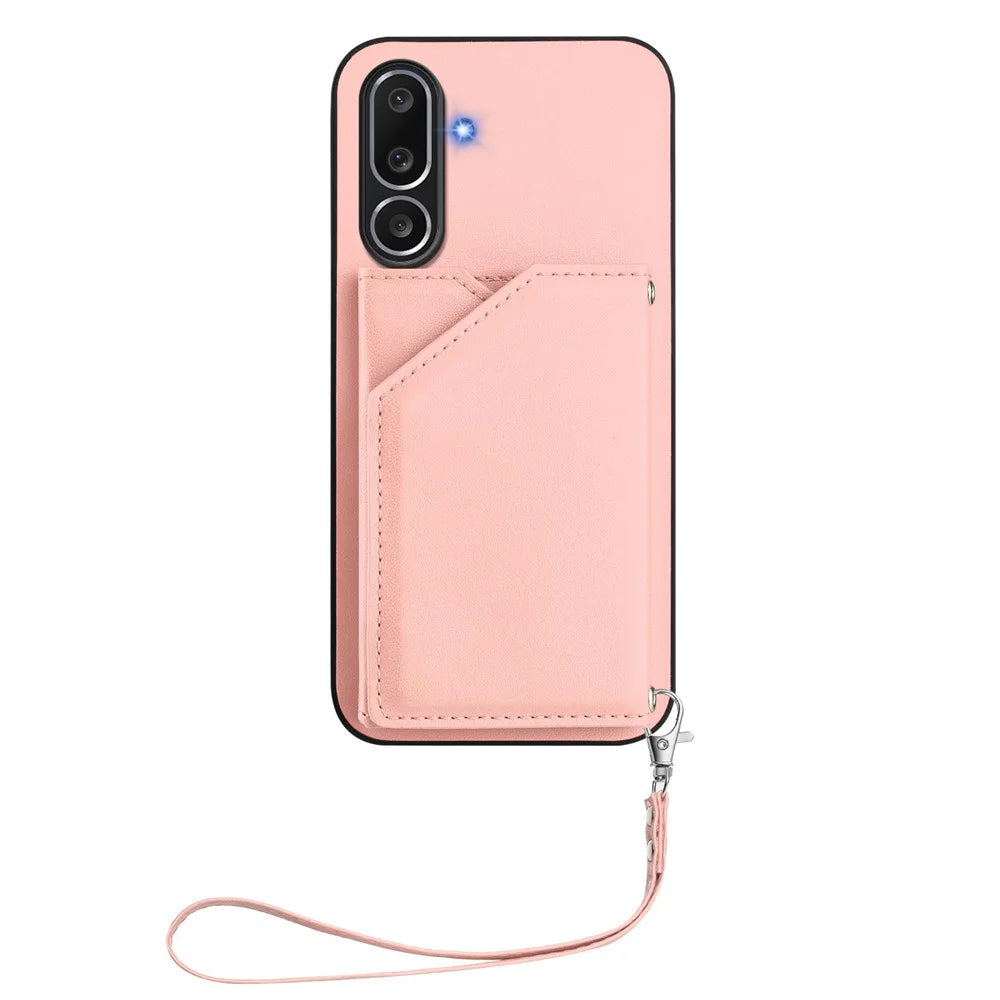 For Samsung Galaxy M56 5G Case Card Holder Kickstand Skin-Touch Phone Cover with Wrist Strap - Pink - 2