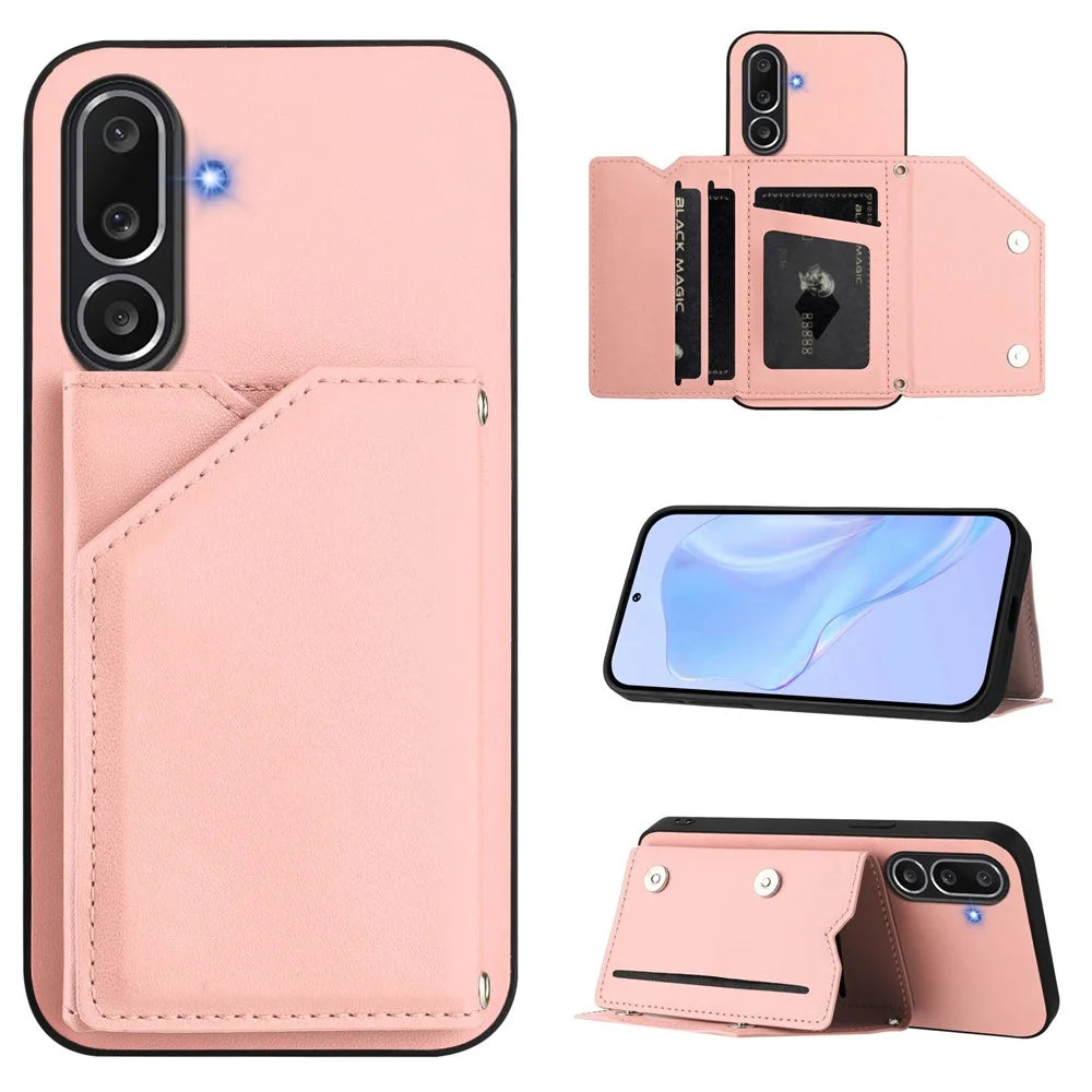 For Samsung Galaxy M56 5G Case Card Holder Kickstand Skin-Touch Phone Cover with Wrist Strap - Pink - 4