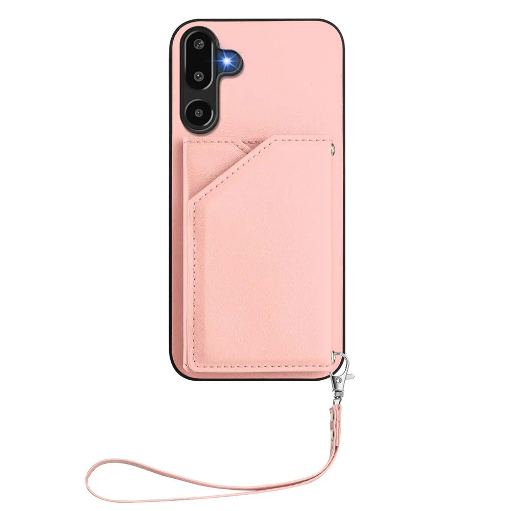 For Samsung Galaxy F16 5G / Galaxy M16 5G Case Card Holder Kickstand Skin-Touch Phone Cover with Wrist Strap - Pink - 2