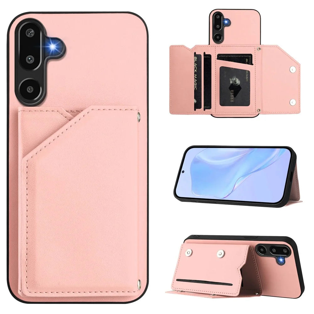 For Samsung Galaxy F16 5G / Galaxy M16 5G Case Card Holder Kickstand Skin-Touch Phone Cover with Wrist Strap - Pink - 4