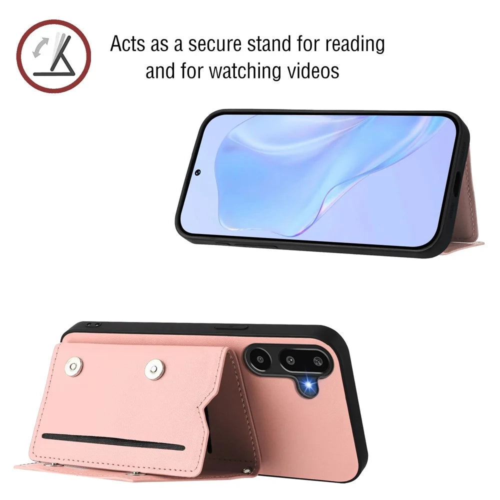 For Samsung Galaxy F16 5G / Galaxy M16 5G Case Card Holder Kickstand Skin-Touch Phone Cover with Wrist Strap - Pink - 6