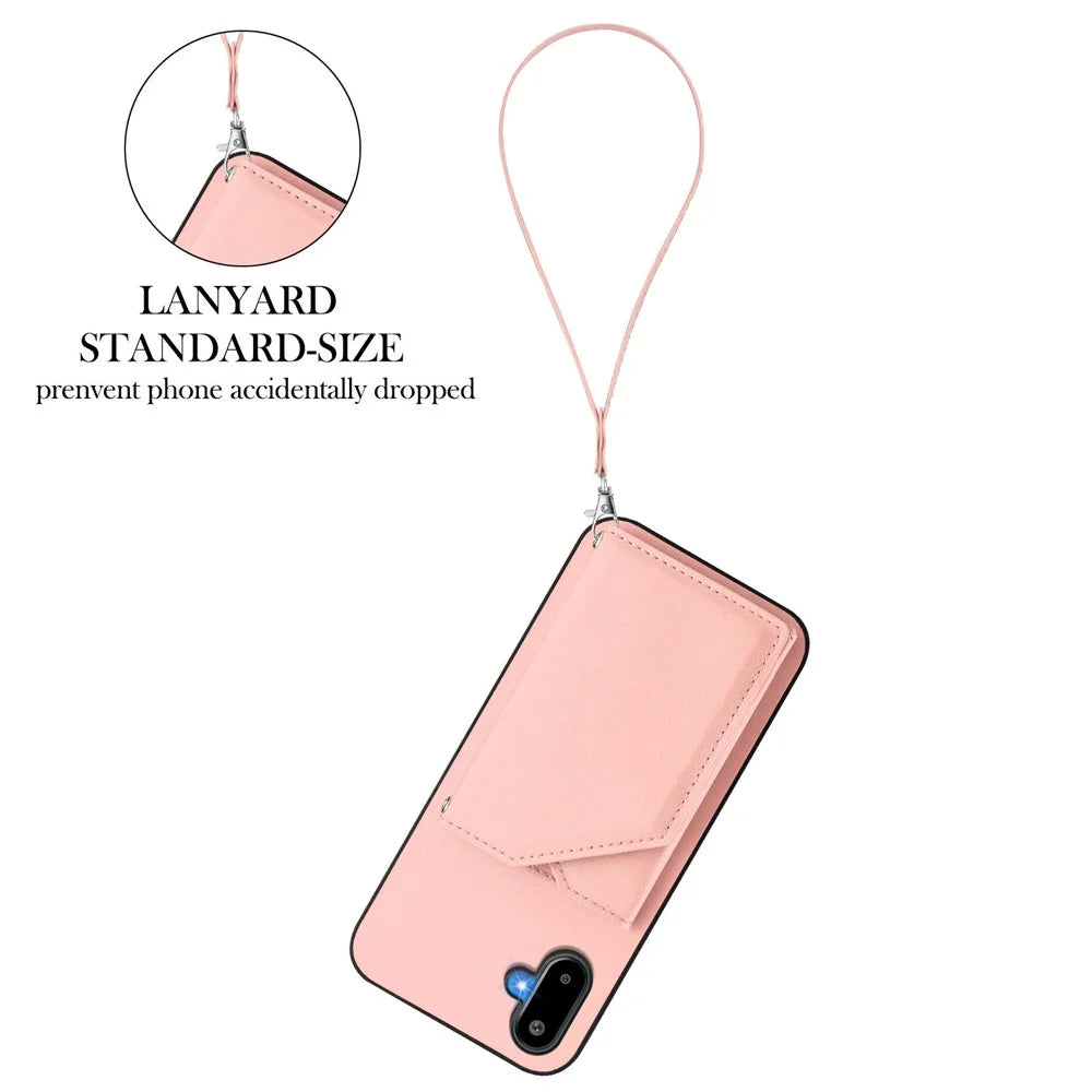 For Samsung Galaxy M06 5G / Galaxy F06 5G Case Card Holder Kickstand Skin-Touch Phone Cover with Wrist Strap - Pink - 3