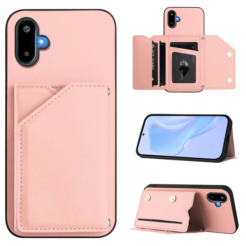 For Samsung Galaxy M06 5G / Galaxy F06 5G Case Card Holder Kickstand Skin-Touch Phone Cover with Wrist Strap - Pink - 4