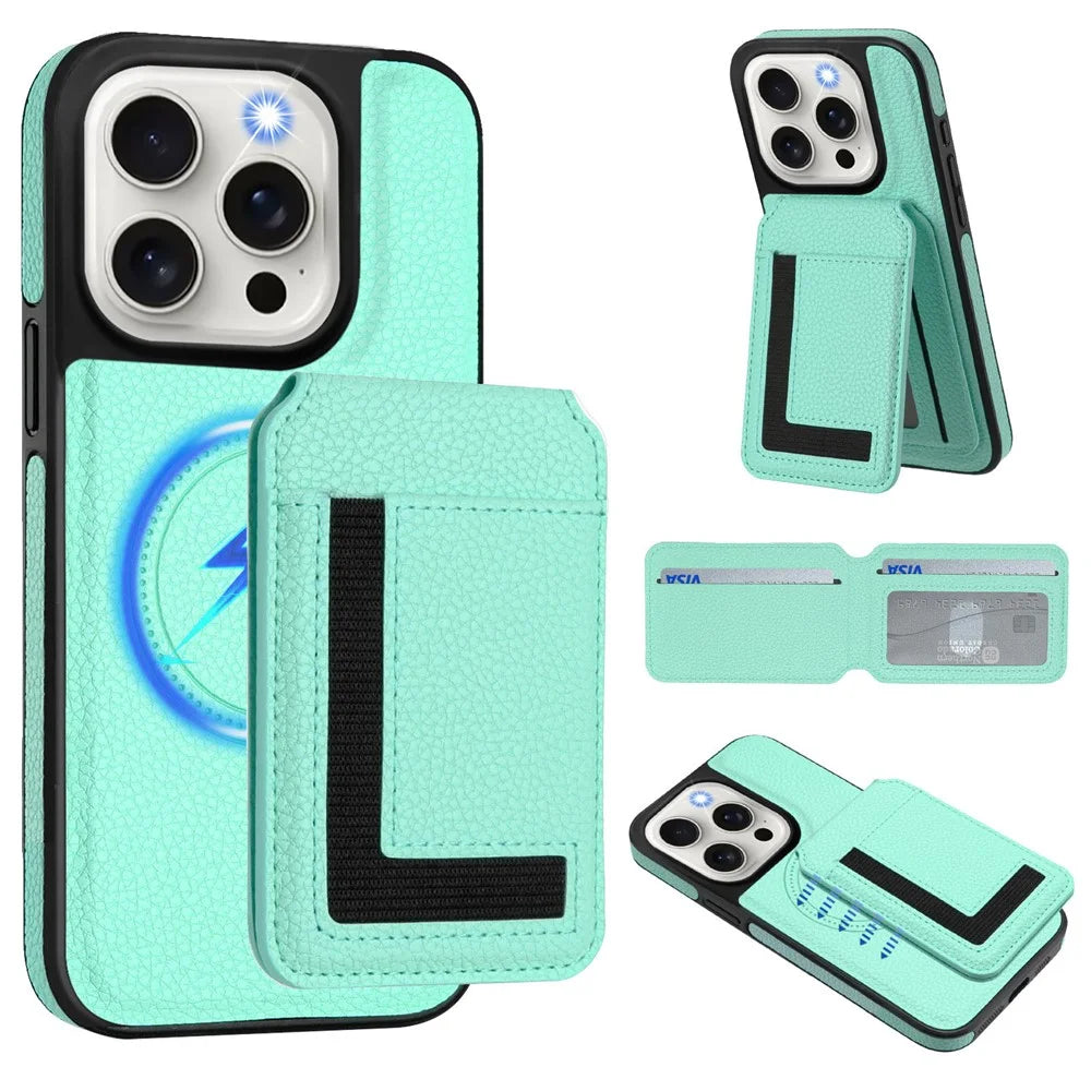 For iPhone 15 Pro Magnetic Case TPU + PU Leather Phone Back Cover with Detachable Card Holder - Mint Green - 2
