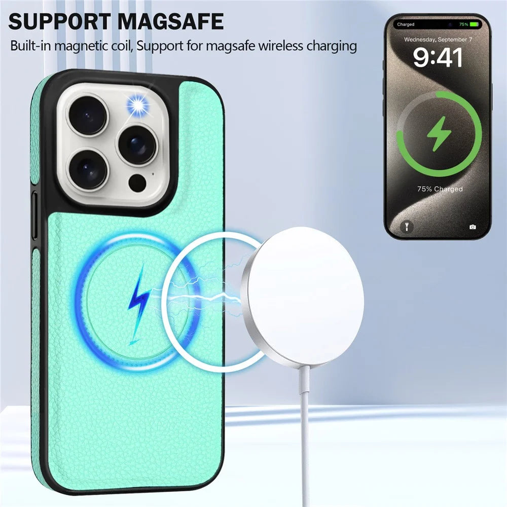 For iPhone 15 Pro Magnetic Case TPU + PU Leather Phone Back Cover with Detachable Card Holder - Mint Green - 6