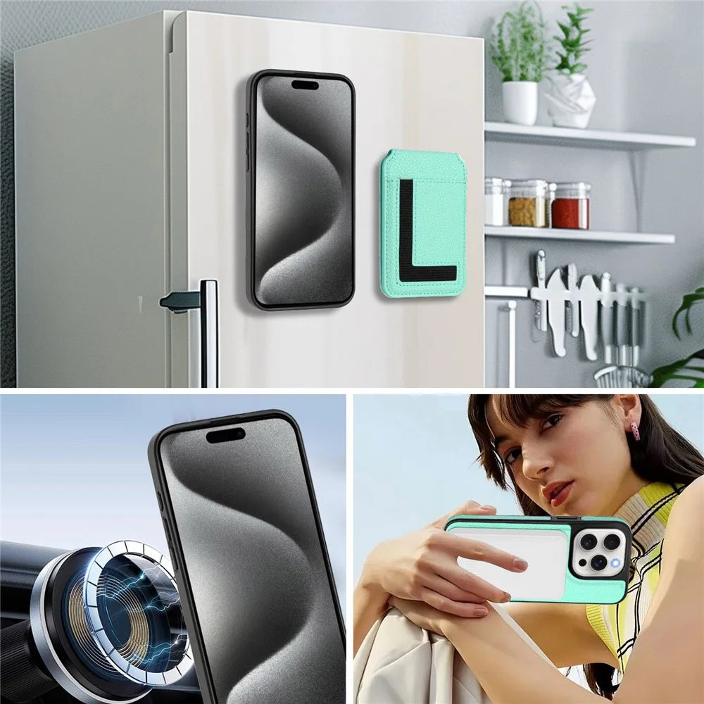 For iPhone 15 Pro Magnetic Case TPU + PU Leather Phone Back Cover with Detachable Card Holder - Mint Green - 7