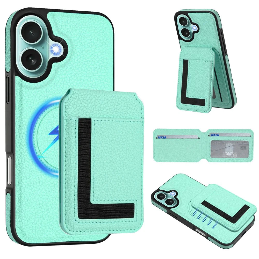 For iPhone 16 Plus Magnetic Case TPU + PU Leather Phone Back Cover with Detachable Card Holder - Mint Green - 2