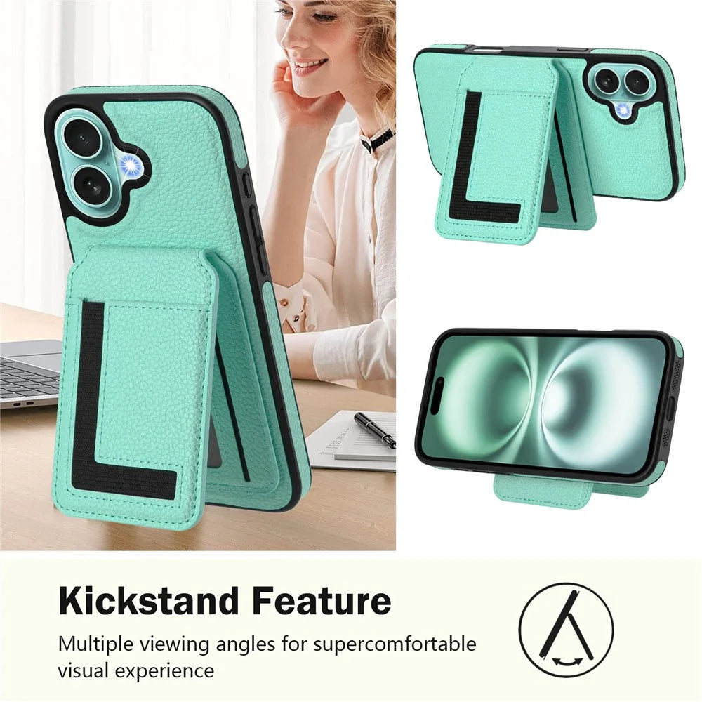 For iPhone 16 Plus Magnetic Case TPU + PU Leather Phone Back Cover with Detachable Card Holder - Mint Green - 4