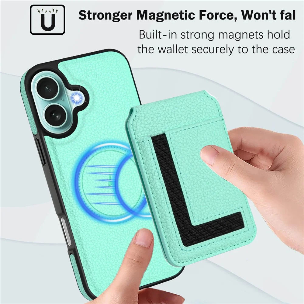 For iPhone 16 Plus Magnetic Case TPU + PU Leather Phone Back Cover with Detachable Card Holder - Mint Green - 5