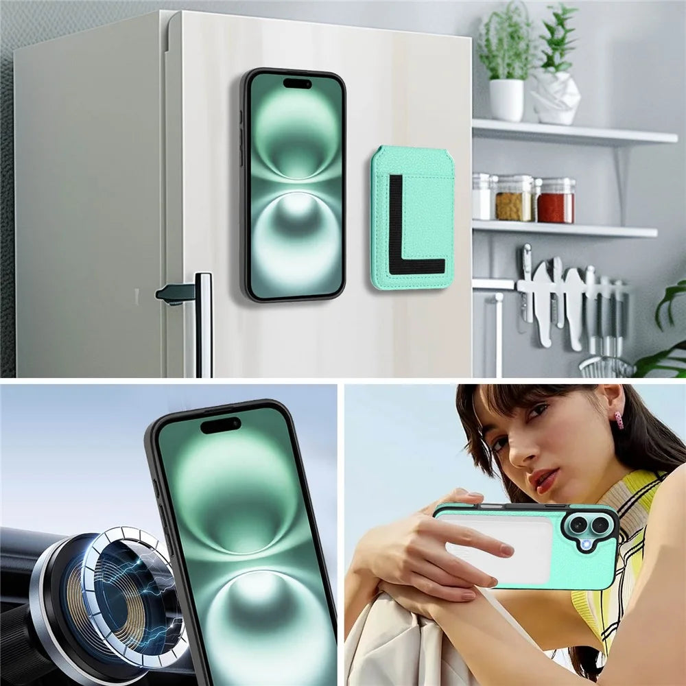 For iPhone 16 Plus Magnetic Case TPU + PU Leather Phone Back Cover with Detachable Card Holder - Mint Green - 7