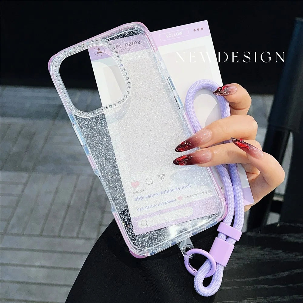 For iPhone 16 Pro Case Rhinestone Decor Glitter TPU Anti Drop Phone Cover with Adjustable Wrist Strap - Pink - 3