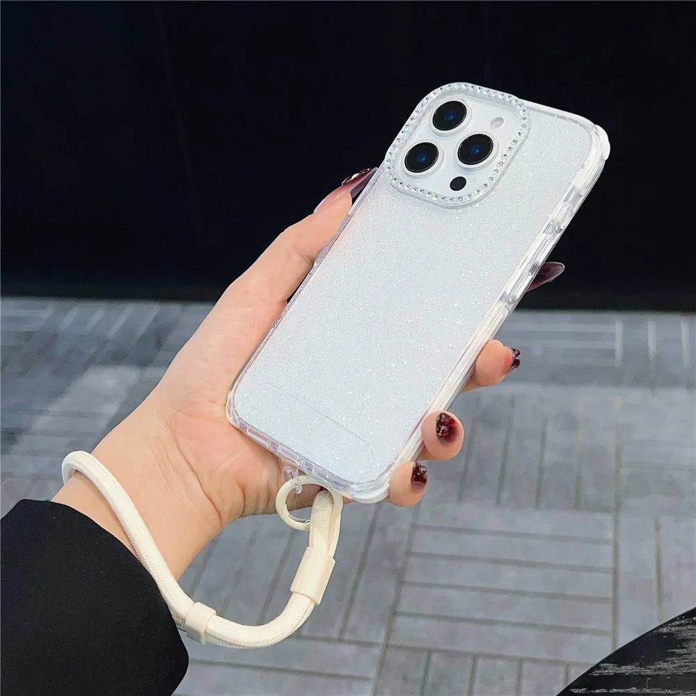 For iPhone 16 Pro Case Rhinestone Decor Glitter TPU Anti Drop Phone Cover with Adjustable Wrist Strap - Pink - 6
