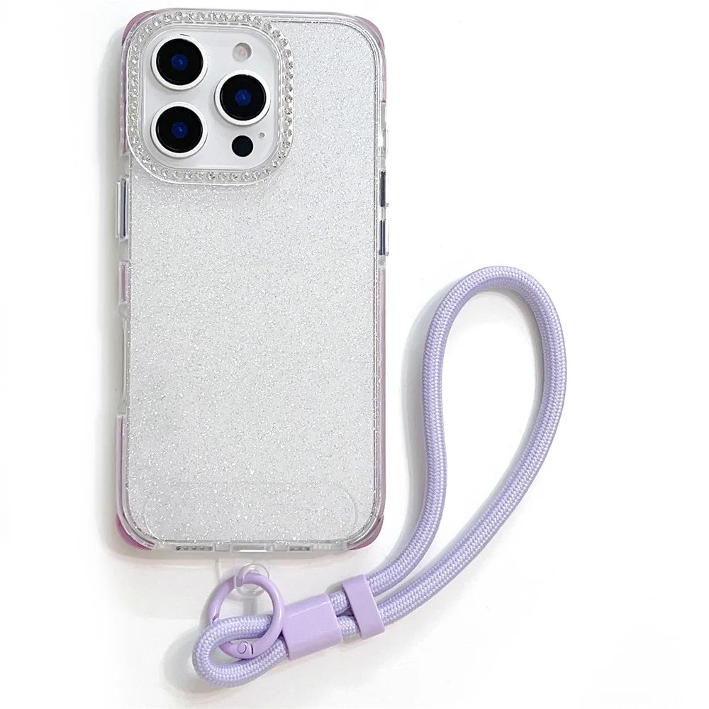 For iPhone 16 Pro Max Case Rhinestone Decor Glitter TPU Anti Drop Phone Cover with Adjustable Wrist Strap - Purple - Purple - 1