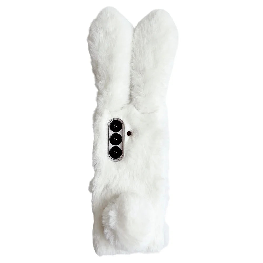 For Samsung Galaxy Z Fold7 5G Case Bunny Ears Winter Plush Hard PC Phone Cover - White - 2