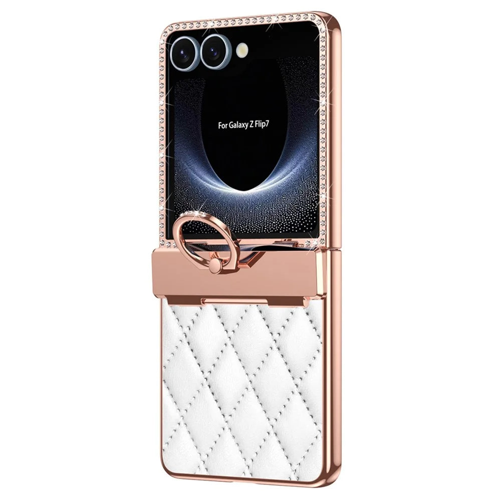 For Samsung Galaxy Z Flip7 5G Case Ring Holder Rhinestone Decor Leather + PC Cover with Rear Screen Film - White - 2