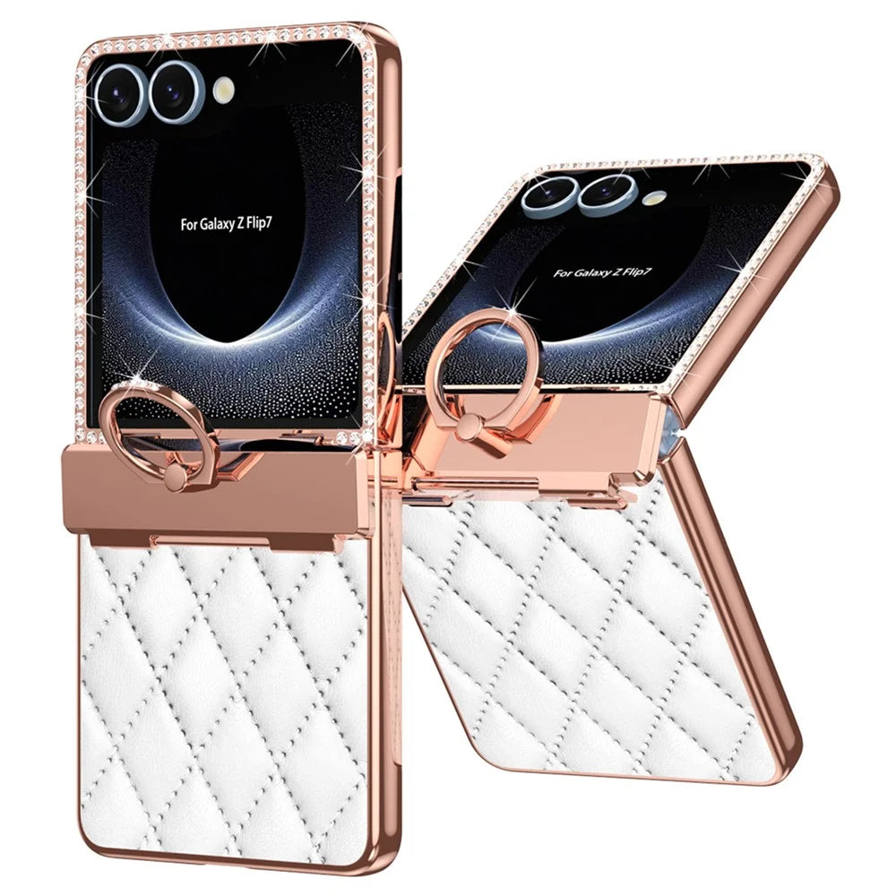 For Samsung Galaxy Z Flip7 5G Case Ring Holder Rhinestone Decor Leather + PC Cover with Rear Screen Film - White - 3