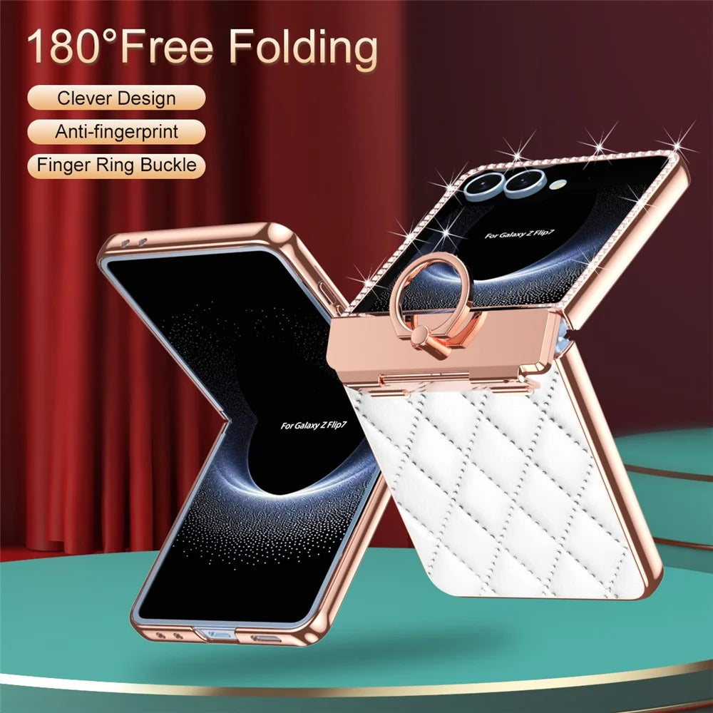 For Samsung Galaxy Z Flip7 5G Case Ring Holder Rhinestone Decor Leather + PC Cover with Rear Screen Film - White - 5