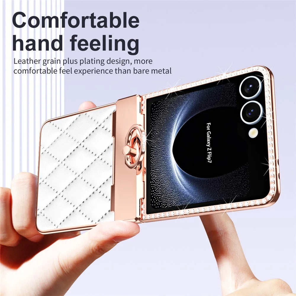 For Samsung Galaxy Z Flip7 5G Case Ring Holder Rhinestone Decor Leather + PC Cover with Rear Screen Film - White - 6