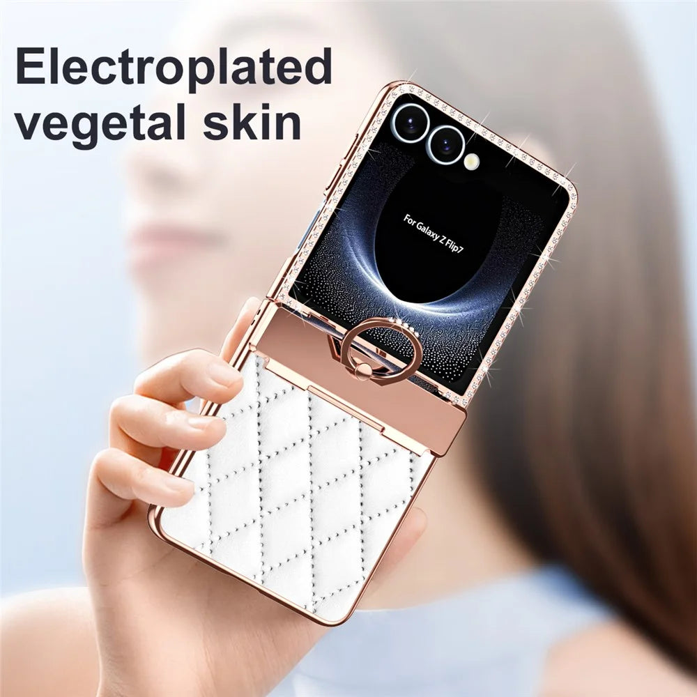 For Samsung Galaxy Z Flip7 5G Case Ring Holder Rhinestone Decor Leather + PC Cover with Rear Screen Film - White - 7