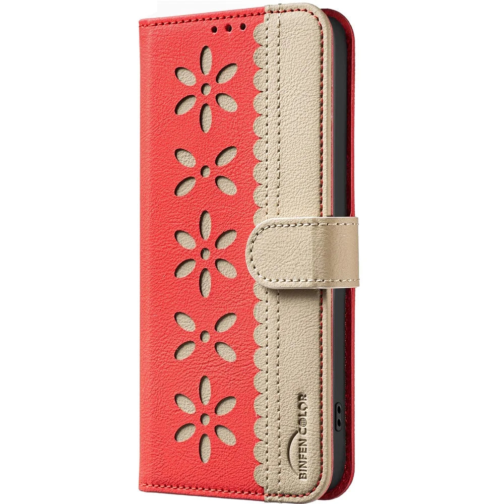 BINFEN COLOR For Samsung Galaxy A53 5G Leather Case  BF36 Floral Pattern Phone Cover RFID Blocking Wallet Stand - Red - 2