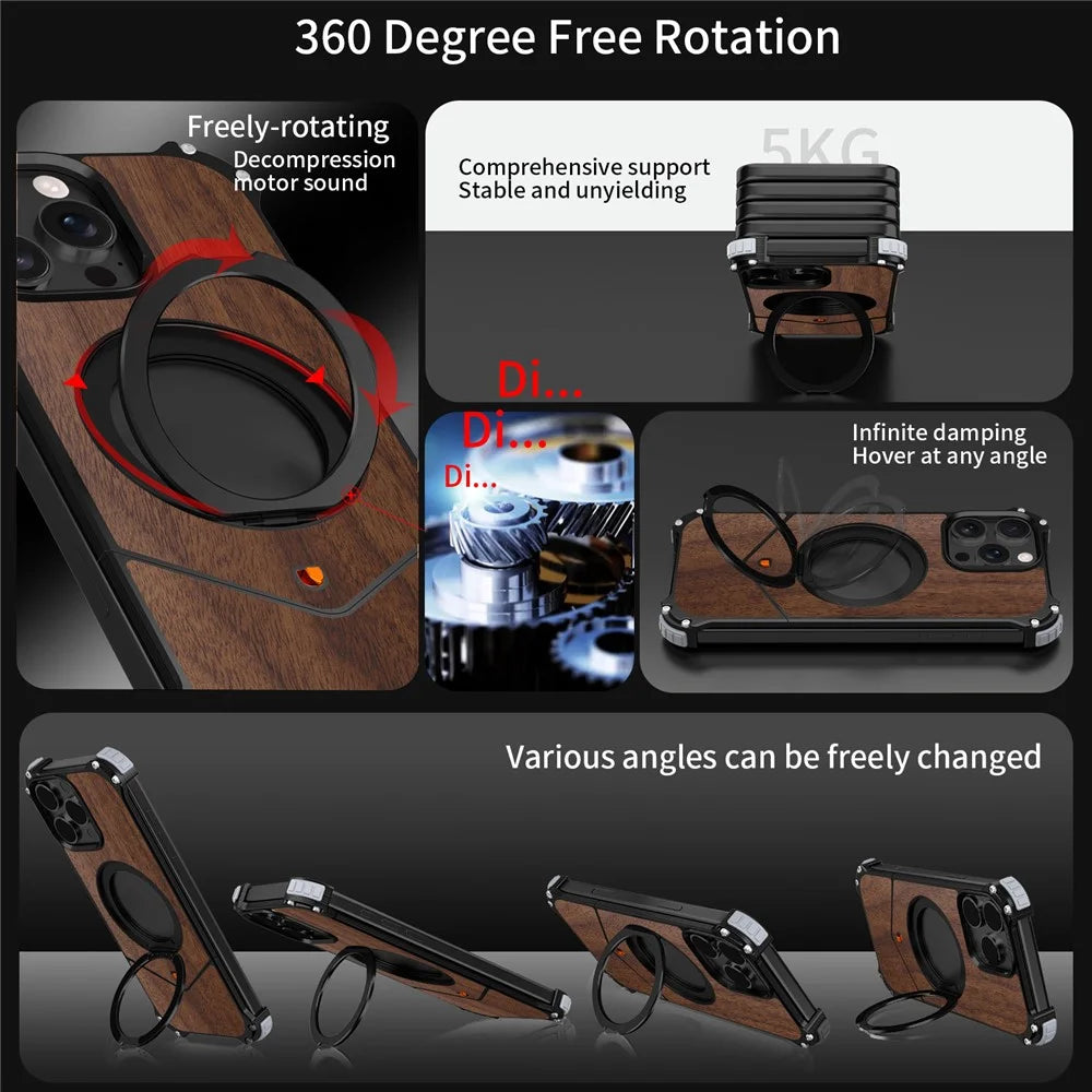 For iPhone 16 Pro Magnetic Case Wood Covered Metal Boardless Phone Back Cover with Kickstand - Black - 3