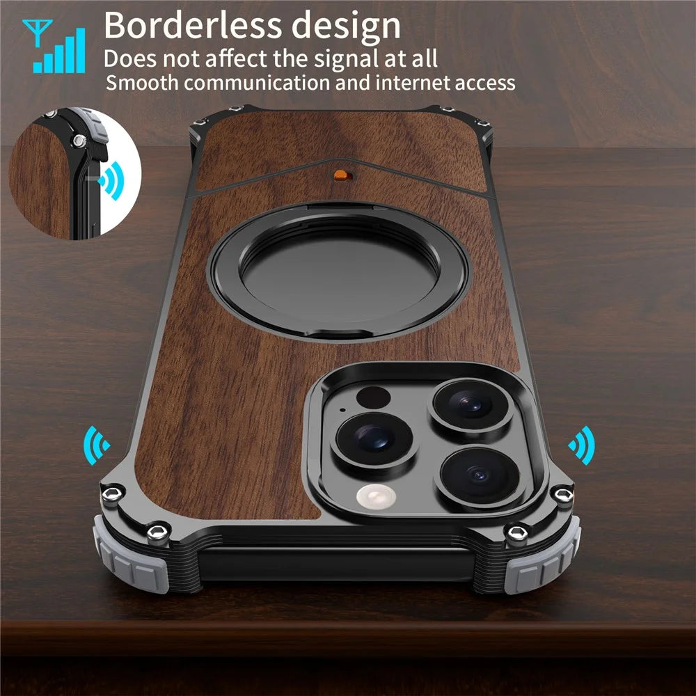 For iPhone 16 Pro Magnetic Case Wood Covered Metal Boardless Phone Back Cover with Kickstand - Black - 6