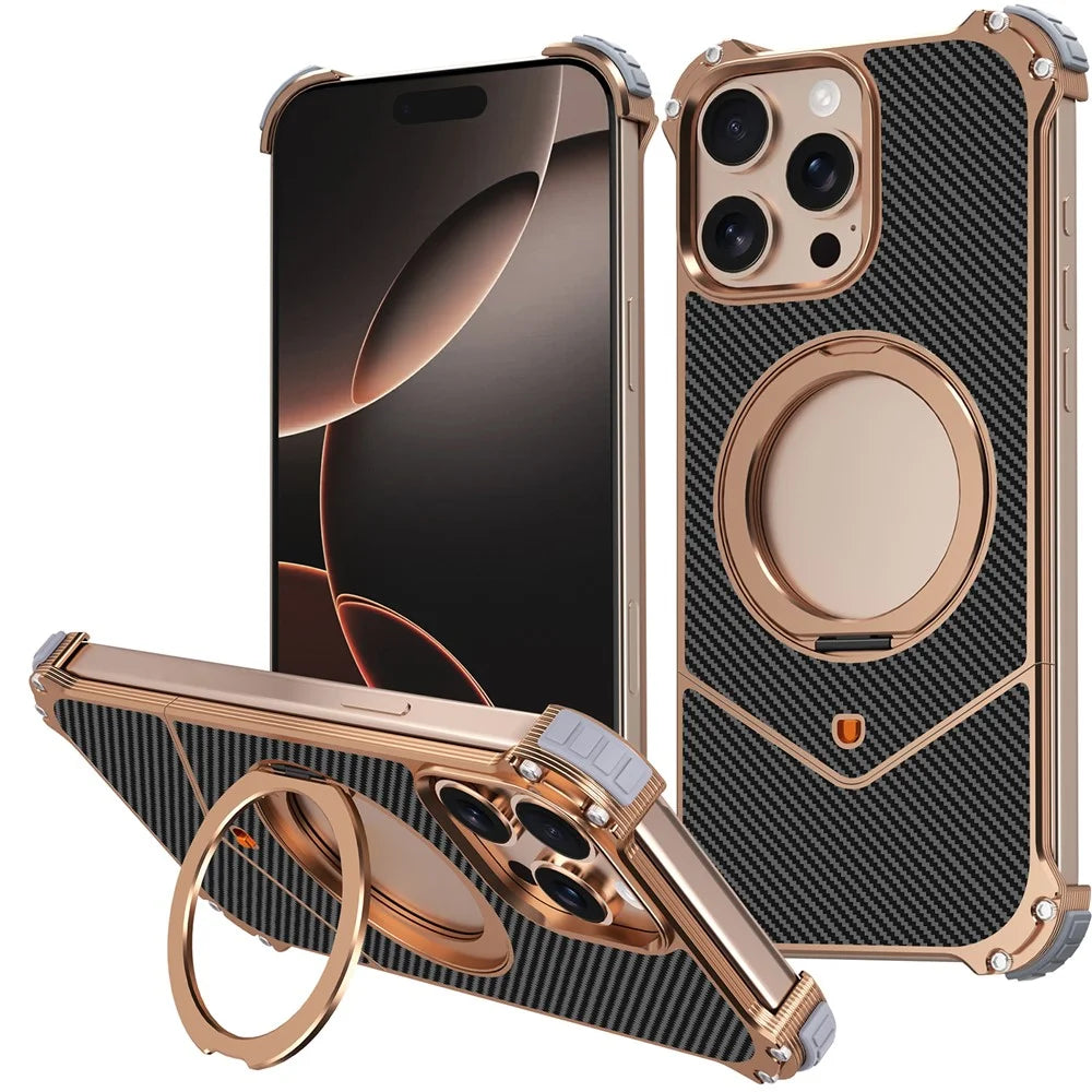 For iPhone 15 Pro Magnetic Case Carbon Fiber Texture PU + Metal Boardless Phone Back Cover with Kickstand - Gold - 1