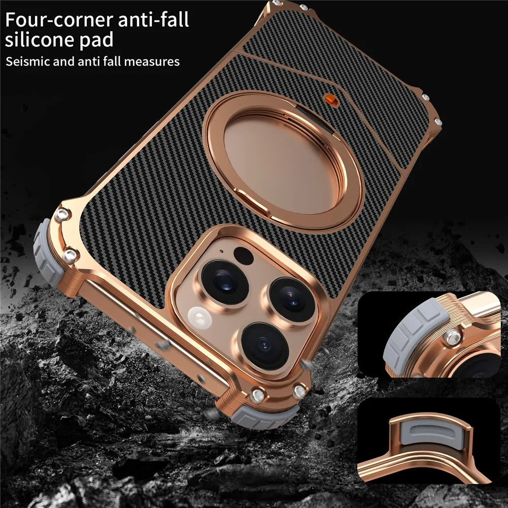 For iPhone 15 Pro Magnetic Case Carbon Fiber Texture PU + Metal Boardless Phone Back Cover with Kickstand - Gold - 2