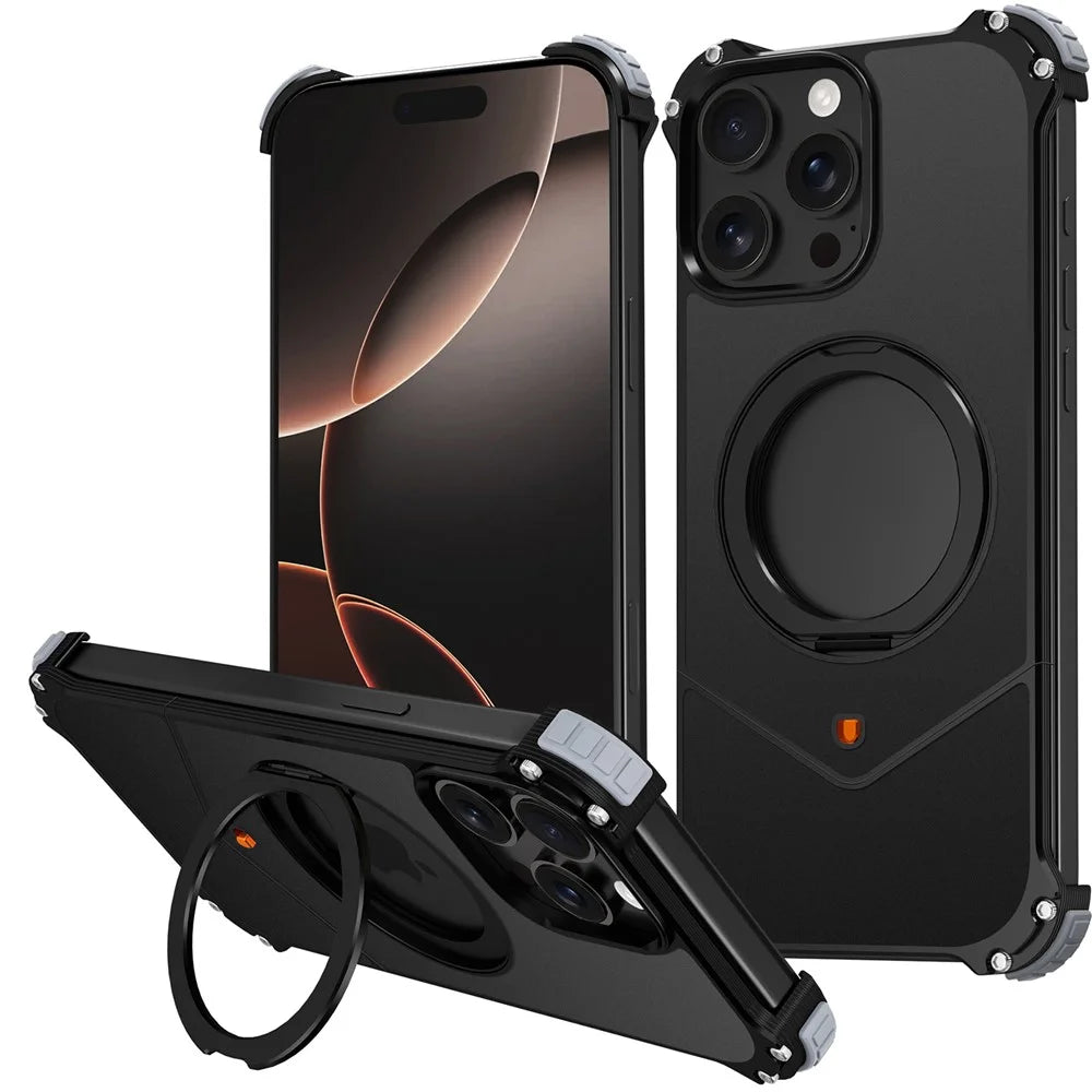 For iPhone 15 Pro Case PC + Metal Boardless Phone Back Cover with Kickstand - Black - 1