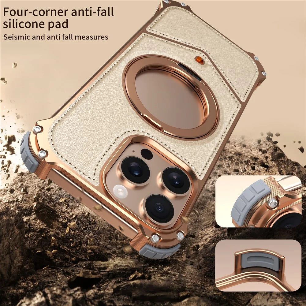 For iPhone 15 Pro Max Case PU Covered Metal Boardless Phone Back Cover with Kickstand - Gold - 2