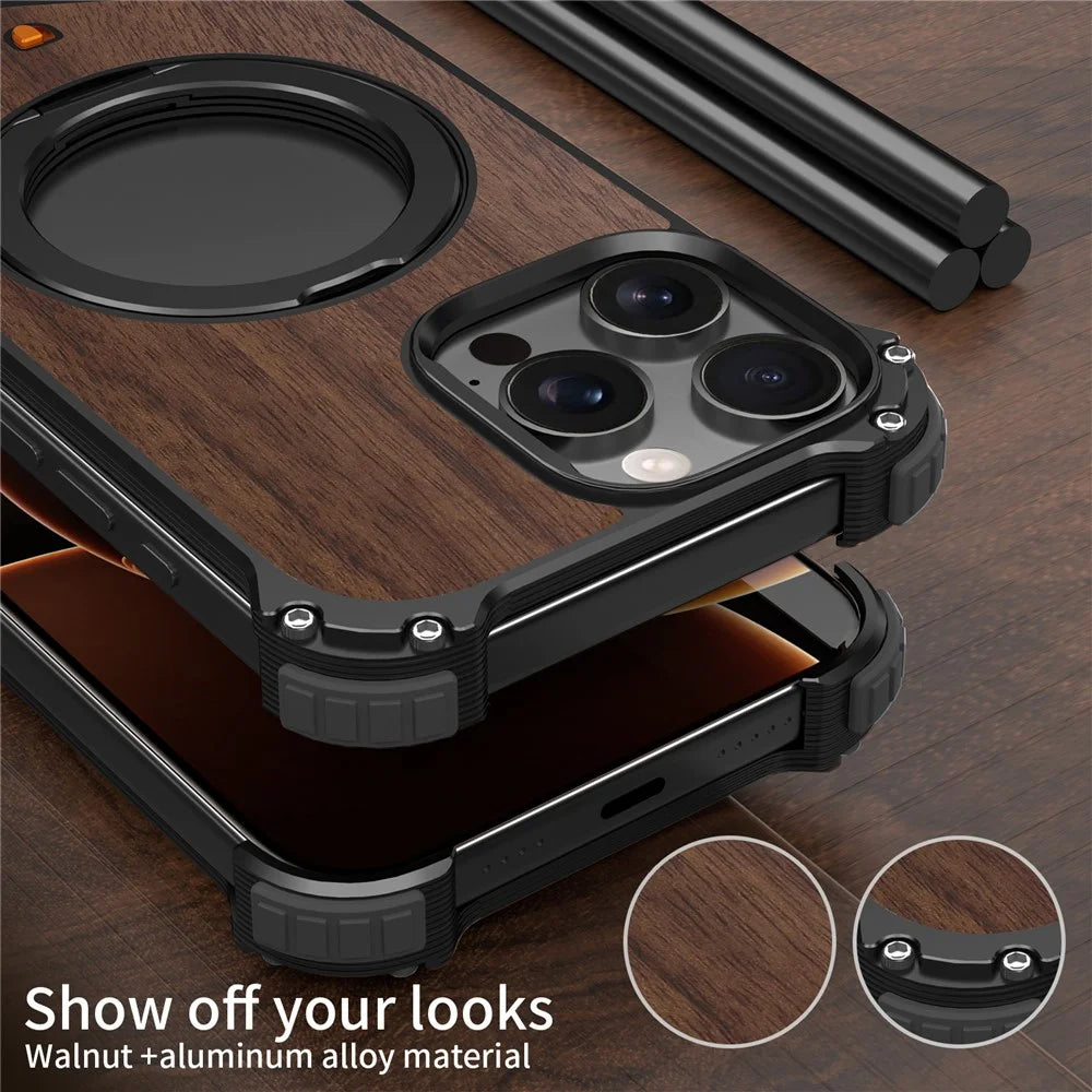 For iPhone 15 Pro Max Magnetic Case Wood Covered Metal Boardless Phone Back Cover with Kickstand - Black - 4