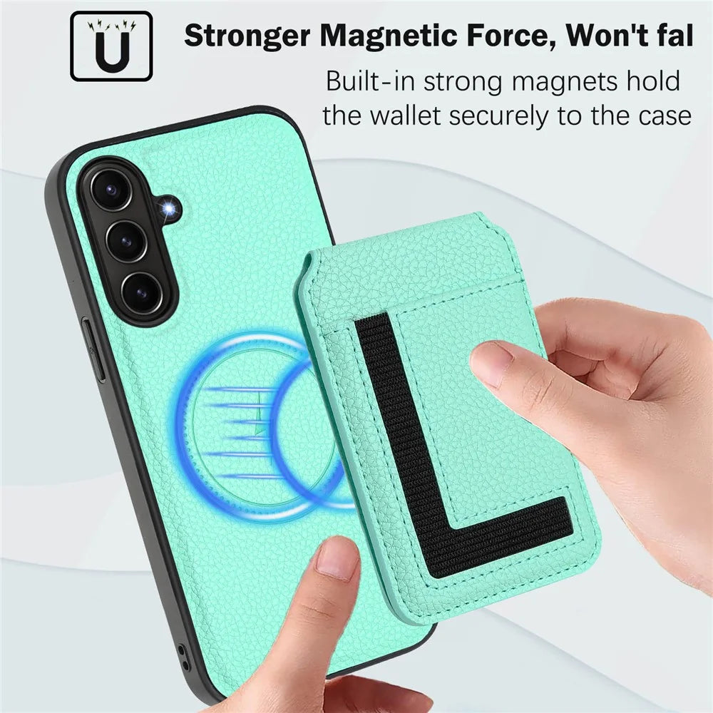 For Samsung Galaxy A37 5G / A56 5G / A36 5G Magnetic Case TPU + PU Leather Phone Back Cover with Detachable Card Holder - Mint Green - 5