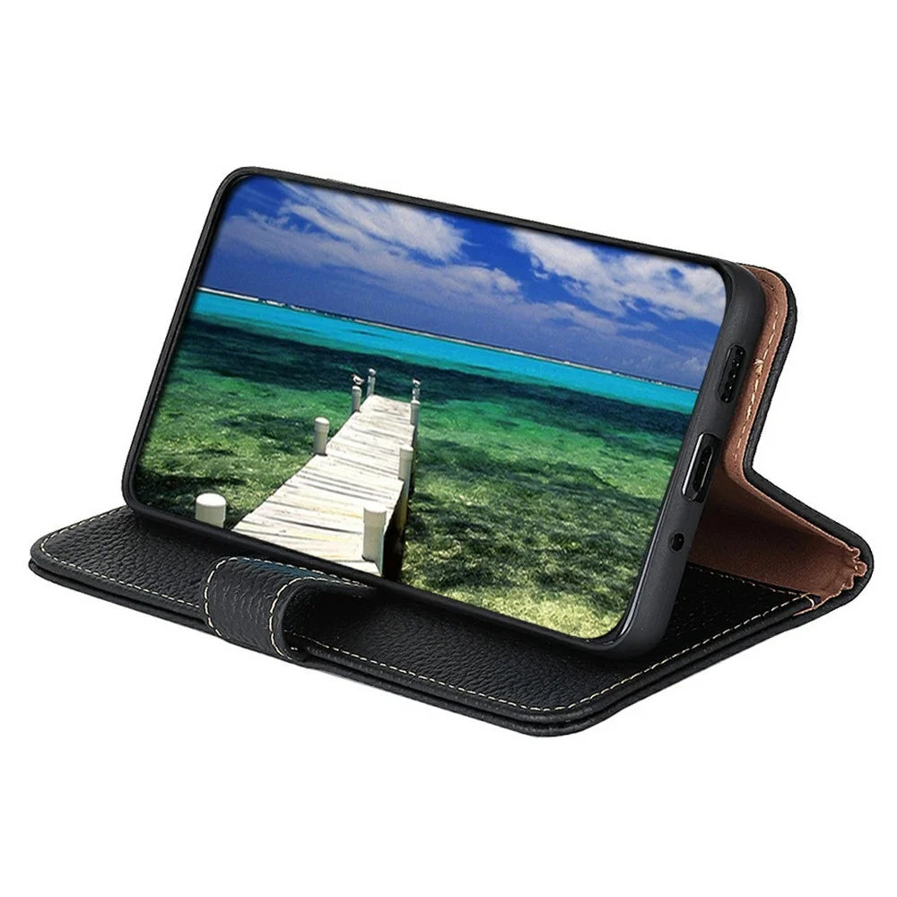 KHAZNEH For iPhone Air Case Litchi Texture Genuine Cow Leather Flip Phone Cover - Black - 2