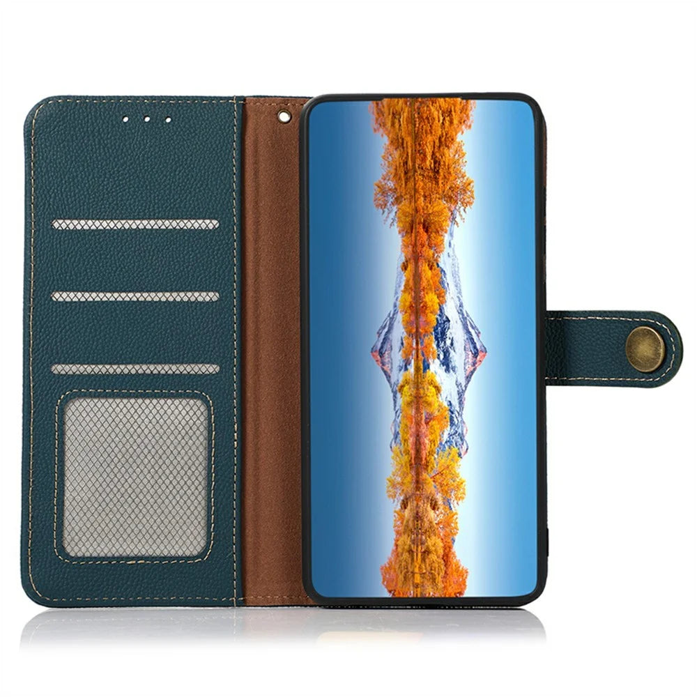 KHAZNEH for iPhone 17 Case Genuine Cow Leather RFID Blocking Wallet Phone Cover - Green - 4
