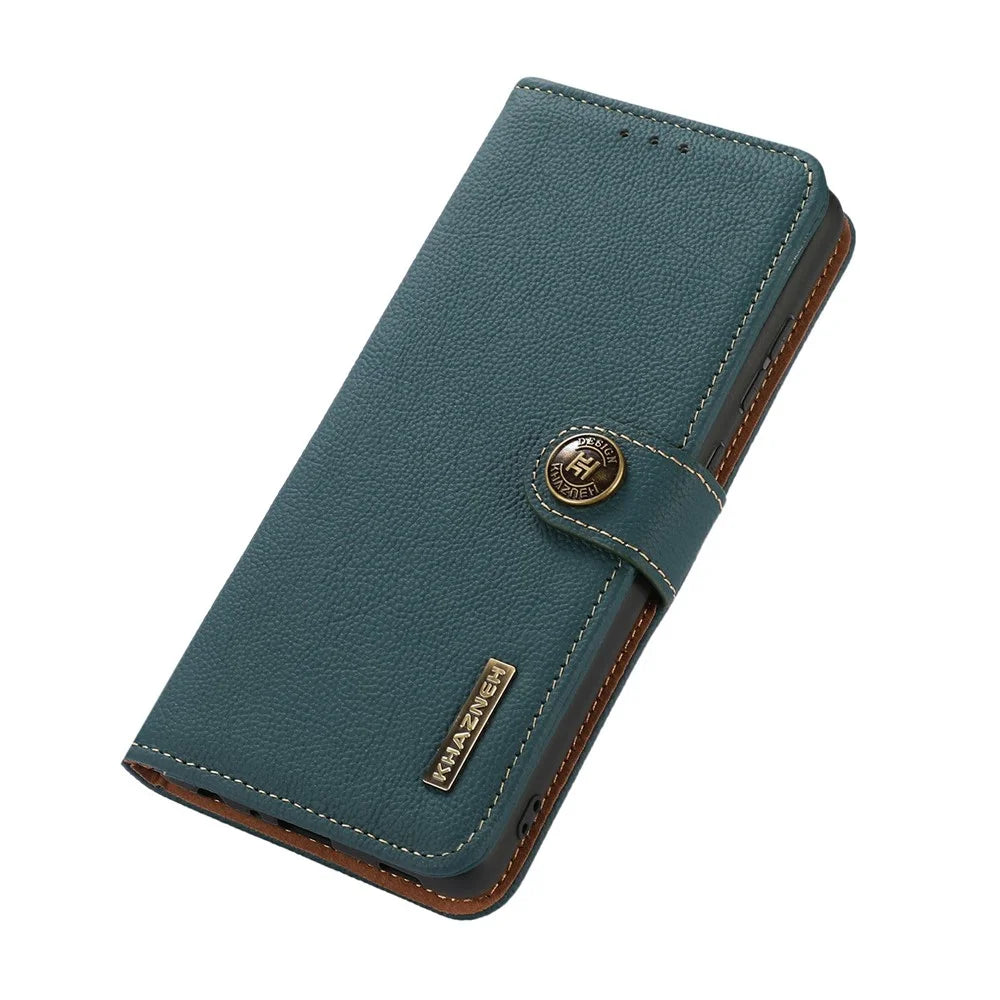 KHAZNEH for iPhone 18 Pro / 17 Pro Case Genuine Cow Leather RFID Blocking Wallet Phone Cover - Green - 5
