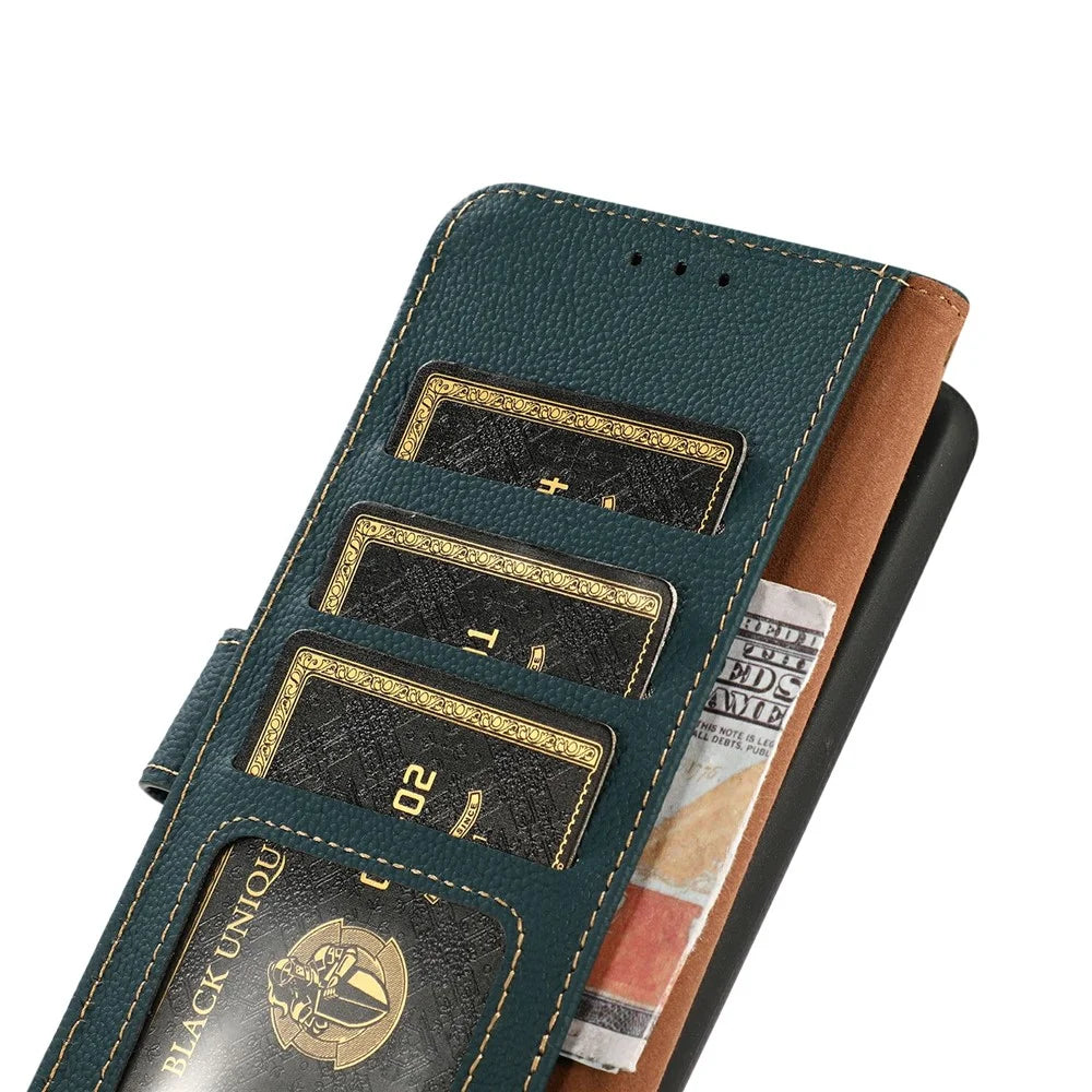 KHAZNEH for iPhone 18 Pro / 17 Pro Case Genuine Cow Leather RFID Blocking Wallet Phone Cover - Green - 6