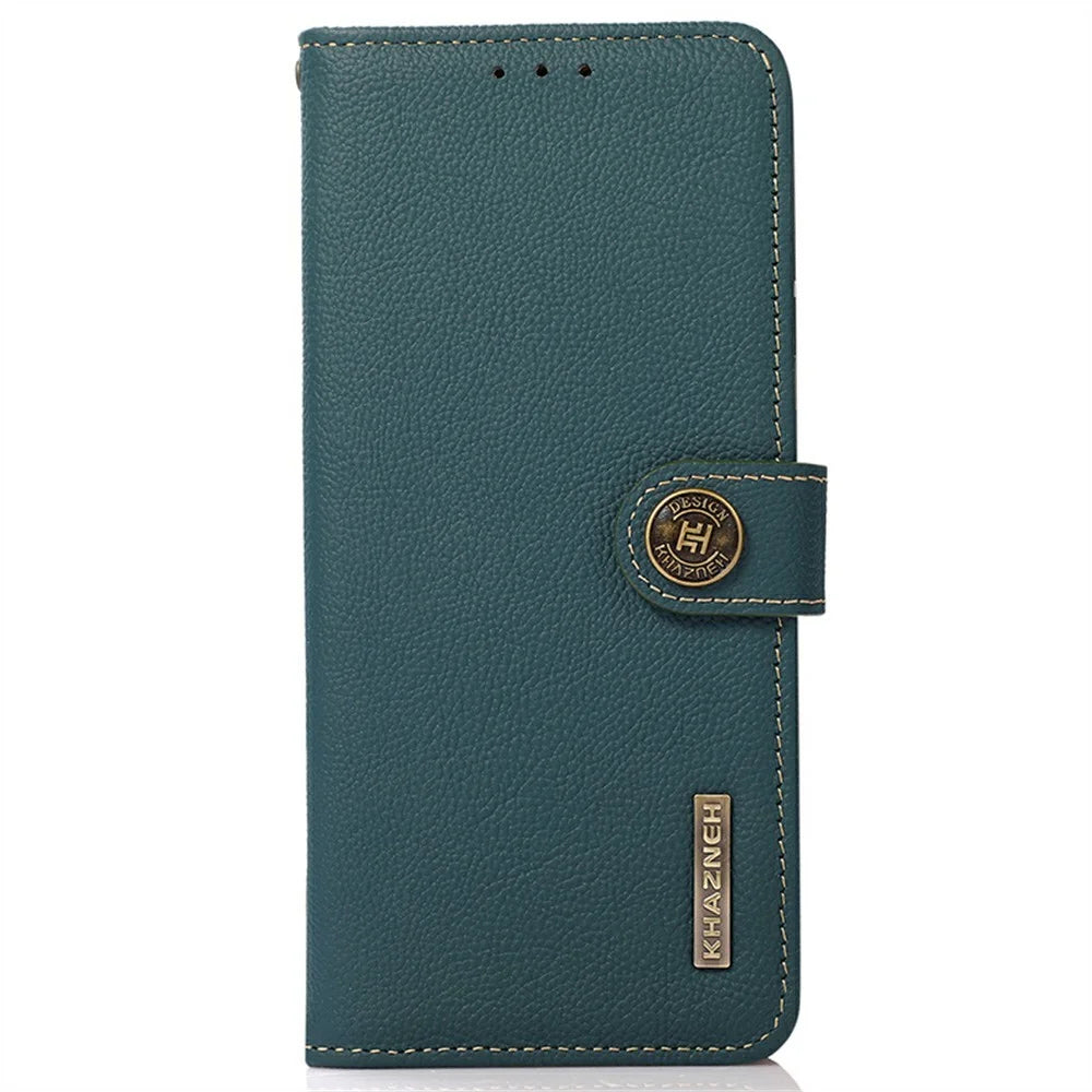 KHAZNEH for iPhone 18 Pro / 17 Pro Case Genuine Cow Leather RFID Blocking Wallet Phone Cover - Green - 7