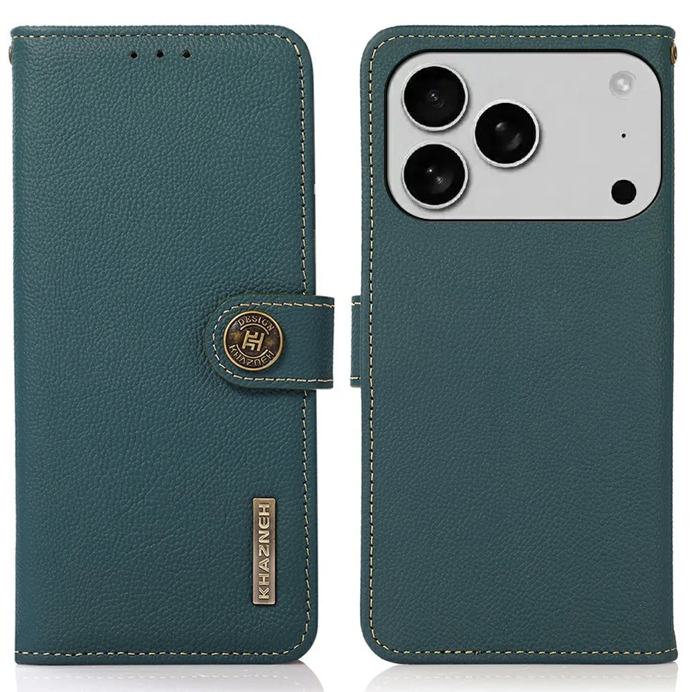 KHAZNEH for iPhone 18 Pro Max / 17 Pro Max Case Genuine Cow Leather RFID Blocking Wallet Phone Cover - Green - 1