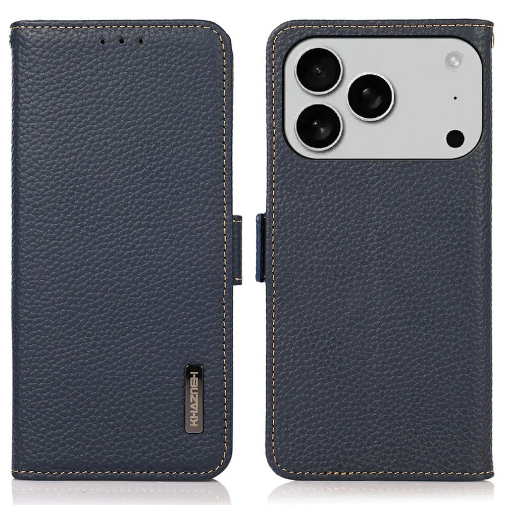 KHAZNEH for iPhone 18 Pro Max / 17 Pro Max Phone Case RFID Blocking Wallet Litchi Texture Genuine Cow Leather Cover - Blue - 1