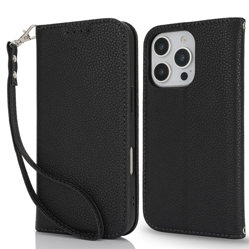 Stand Case for iPhone 16 Pro Max Litchi Texture Leather Flip Phone Cover with Strap  /  Wallet - Black - 1